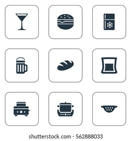 Set Of 9 Simple Kitchen Icons. Can Be Found Such Elements As Fridge, Roasted Bread, Hamburger And Other.