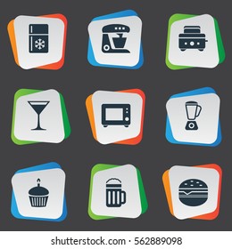 Set Of 9 Simple Kitchen Icons. Can Be Found Such Elements As Lager, Oven, Fridge And Other.