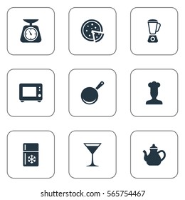 Set Of 9 Simple Kitchen Icons. Can Be Found Such Elements As Oven, Cocktail, Fridge And Other.