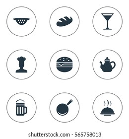 Set Of 9 Simple Kitchen Icons. Can Be Found Such Elements As Catering, Cocktail, Skillet And Other.