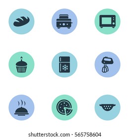 Set Of 9 Simple Kitchen Icons. Can Be Found Such Elements As Oven, Drainer, Tortilla And Other.