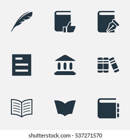 Set Of 9 Simple Knowledge Icons. Can Be Found Such Elements As Library, Book Page, Recommended Reading And Other.