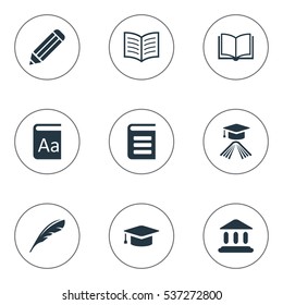 Set Of 9 Simple Knowledge Icons. Can Be Found Such Elements As Alphabet, Graduation Hat, Library And Other.