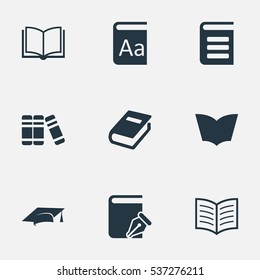 Set Of 9 Simple Knowledge Icons. Can Be Found Such Elements As Encyclopedia, Sketchbook, Alphabet And Other.
