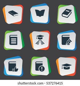 Set Of 9 Simple Knowledge Icons. Can Be Found Such Elements As Academic Cap, Important Reading, Recommended Reading And Other.