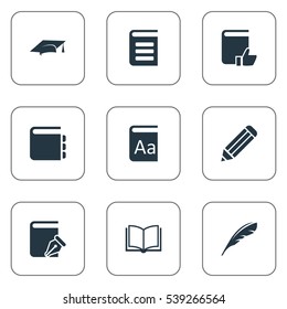 Set Of 9 Simple Knowledge Icons. Can Be Found Such Elements As Plume, Sketchbook, Encyclopedia And Other.