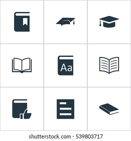 Set Of 9 Simple Knowledge Icons. Can Be Found Such Elements As Notebook, Recommended Reading, Academic Cap And Other.
