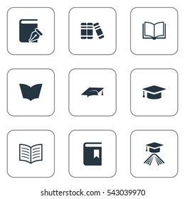 Set Of 9 Simple Knowledge Icons. Can Be Found Such Elements As Blank Notebook, Book Page, Academic Cap And Other.