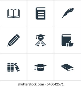Set Of 9 Simple Knowledge Icons. Can Be Found Such Elements As Notebook, Plume, Recommended Reading And Other.