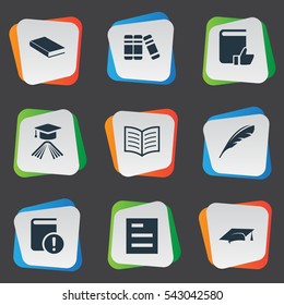 Set Of 9 Simple Knowledge Icons. Can Be Found Such Elements As Book Page, Notebook, Graduation Hat And Other.