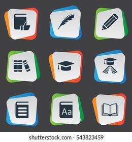Set Of 9 Simple Knowledge Icons. Can Be Found Such Elements As Alphabet, Recommended Reading, Bookshelf And Other.