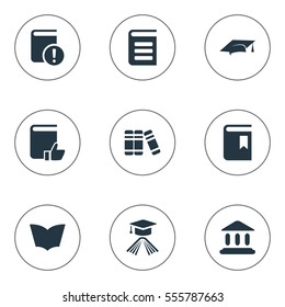 Set Of 9 Simple Knowledge Icons. Can Be Found Such Elements As Library, Bookshelf, Reading And Other.