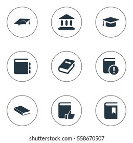 Set Of 9 Simple Knowledge Icons. Can Be Found Such Elements As Journal, Recommended Reading, Academic Cap And Other.