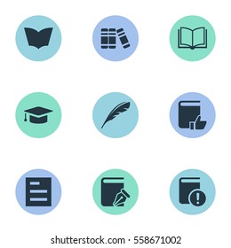 Set Of 9 Simple Knowledge Icons. Can Be Found Such Elements As Sketchbook, Tasklist, Reading And Other.