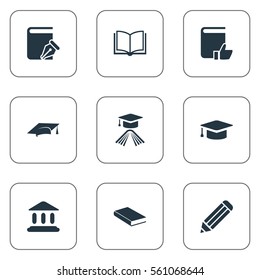 Set Of 9 Simple Knowledge Icons. Can Be Found Such Elements As Notebook, Sketchbook, Graduation Hat And Other.