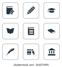 Set Of 9 Simple Knowledge Icons. Can Be Found Such Elements As Library, Plume, Notebook And Other.