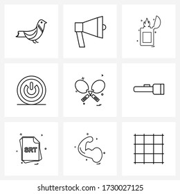 Set of 9 Simple Line Icons for Web and Print such as; racket; fire; games; miscellaneous Vector Illustration