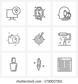 Set of 9 Simple Line Icons of dart; photograph; brain; photography; camera Vector Illustration
