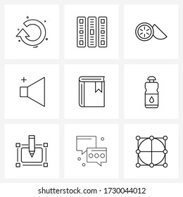 Conjunto de 9 iconos de línea simples para Web e impresión, como biblioteca; libro; fruta; añadir; Ilustración del vector del altavoz