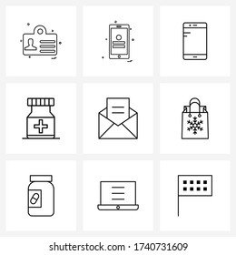 Set of 9 Simple Line Icons for Web and Print such as text; hospital; bottle; medical Vector Illustration