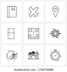 Set of 9 Simple Line Icons of kitchen; fire; love; cooking; electronics Vector Illustration