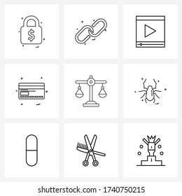 Set of 9 Simple Line Icons of justice; bank; media; atm; credit card Vector Illustration