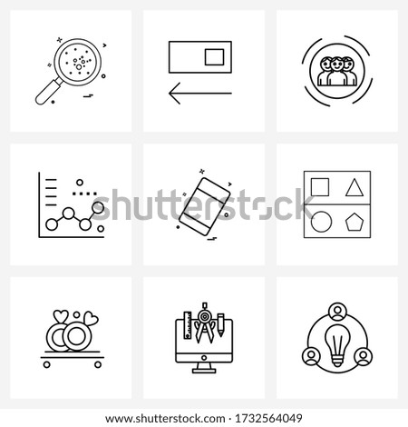 Set of 9 Simple Line Icons of eraser; graph; arrow; tools; profile Vector Illustration