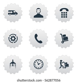 Set Of 9 Simple Logistics Icons. Can Be Found Such Elements As Interval, Transportation, Dial Phone Numbers And Other.