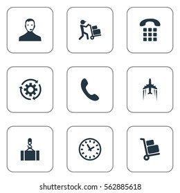 Set Of 9 Simple Logistics Icons. Can Be Found Such Elements As Dial Phone Numbers, Employee, Transportation And Other.