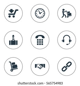 Set Of 9 Simple Logistics Icons. Can Be Found Such Elements As Interval, Employee, Supporting And Other.