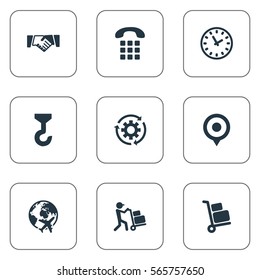 Set Of 9 Simple Logistics Icons. Can Be Found Such Elements As Transportation, Marker, Hook And Other.