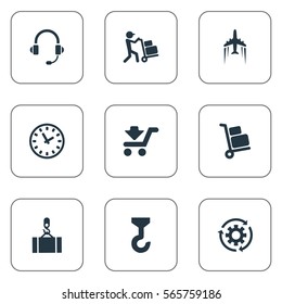 Set Of 9 Simple Logistics Icons. Can Be Found Such Elements As Air Transport, Employee, Shipping Vehicle And Other.