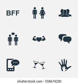 Set Of 9 Simple Mates Icons. Can Be Found Such Elements As Bodybuilding, Gossip, Homosexual And Other.