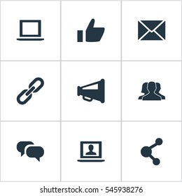 Set Of 9 Simple Media Icons. Can Be Found Such Elements As Web User, Megaphone, Group And Other.