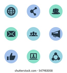 Set Of 9 Simple Media Icons. Can Be Found Such Elements As Megaphone, Team, Web User And Other.