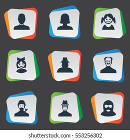 Set Of 9 Simple Member Icons. Can Be Found Such Elements As Felon, Spy, Woman User And Other.