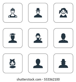Set Of 9 Simple Member Icons. Can Be Found Such Elements As Agent, Mysterious Man, Little Girl And Other.