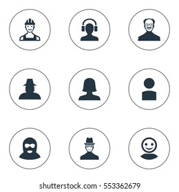 Set Of 9 Simple Member Icons. Can Be Found Such Elements As Woman User, Felon, Proletarian And Other.