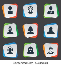 Set Of 9 Simple Member Icons. Can Be Found Such Elements As Agent, Proletarian, Moustache Man And Other.