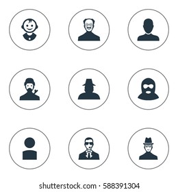 Set Of 9 Simple Member Icons. Can Be Found Such Elements As Young Shaver, Mysterious Man, Agent And Other.