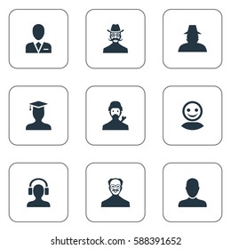 Set Of 9 Simple Member Icons. Can Be Found Such Elements As Postgraduate, Internet Profile, Male With Headphone And Other.