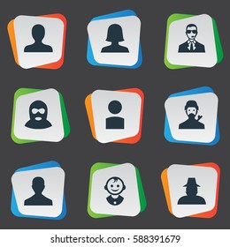 Set Of 9 Simple Member Icons. Can Be Found Such Elements As Woman User, Young Shaver, Mysterious Man And Other.