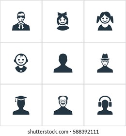 Set Of 9 Simple Member Icons. Can Be Found Such Elements As Whiskers Man, Male User, Girl Face And Other.