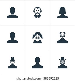 Set Of 9 Simple Member Icons. Can Be Found Such Elements As Woman User, Young Shaver, Portrait And Other.