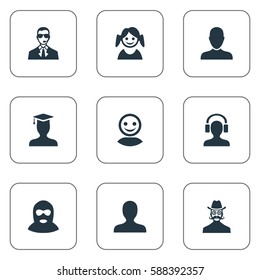 Set Of 9 Simple Member Icons. Can Be Found Such Elements As Male With Headphone, Little Girl, Bodyguard And Other.