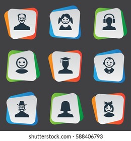 Set Of 9 Simple Member Icons. Can Be Found Such Elements As Little Girl, Male With Headphone, Young Shaver And Other.