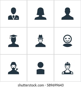 Set Of 9 Simple Member Icons. Can Be Found Such Elements As Woman User, Proletarian, Mysterious Man And Other.