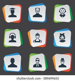 Set Of 9 Simple Member Icons. Can Be Found Such Elements As Young Shaver, Postgraduate, Male With Headphone And Other.