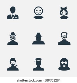 Set Of 9 Simple Member Icons. Can Be Found Such Elements As Postgraduate, Internet Profile, Moustache Man And Other.