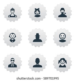 Set Of 9 Simple Member Icons. Can Be Found Such Elements As Bodyguard, Young Shaver, Job Man And Other.